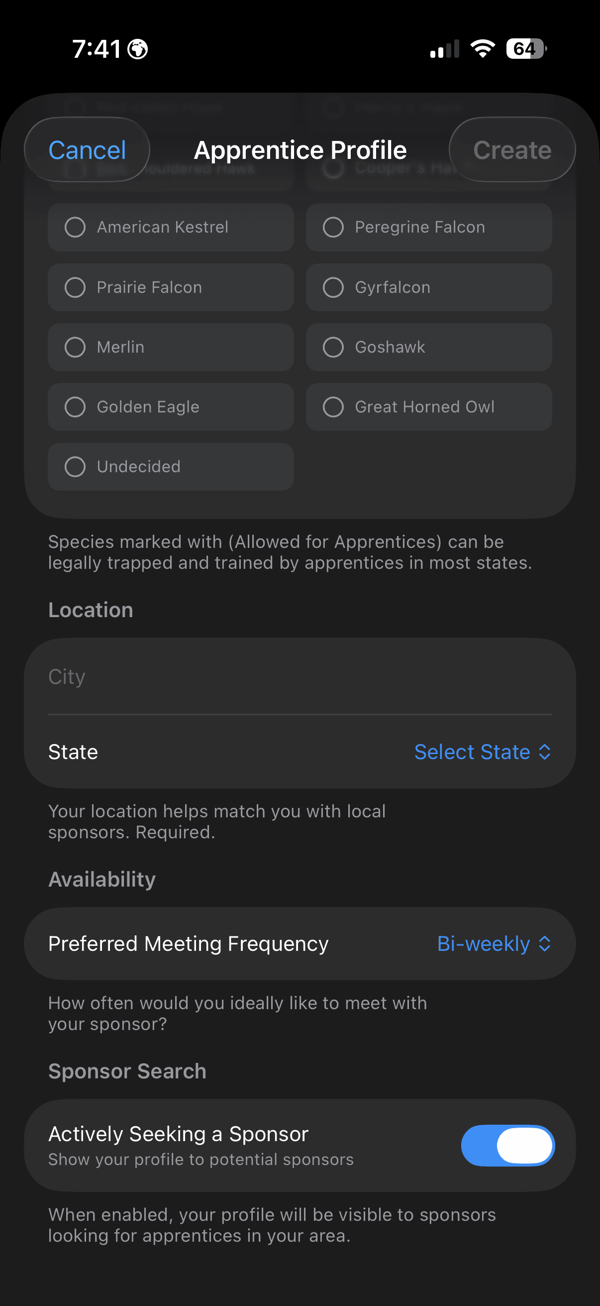 FalconryLab apprentice profile with location and availability