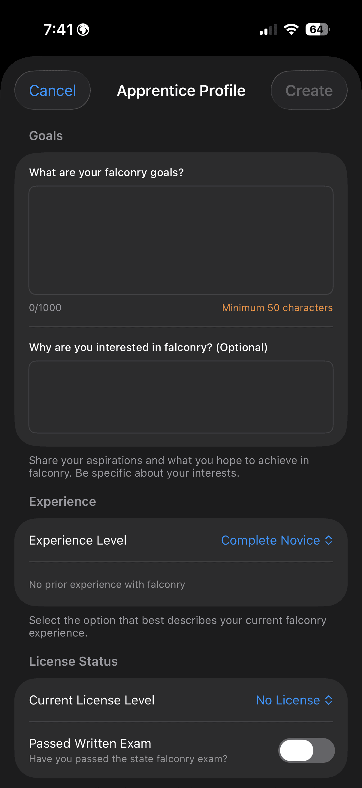 FalconryLab apprentice profile showing experience and goals