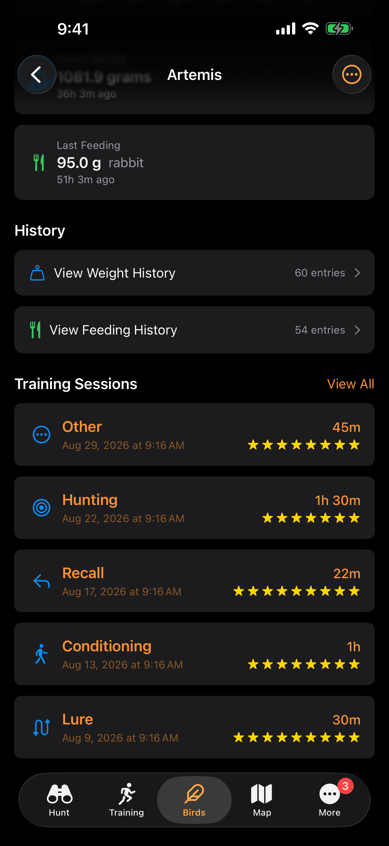 FalconryLab bird profile details with feeding and training history