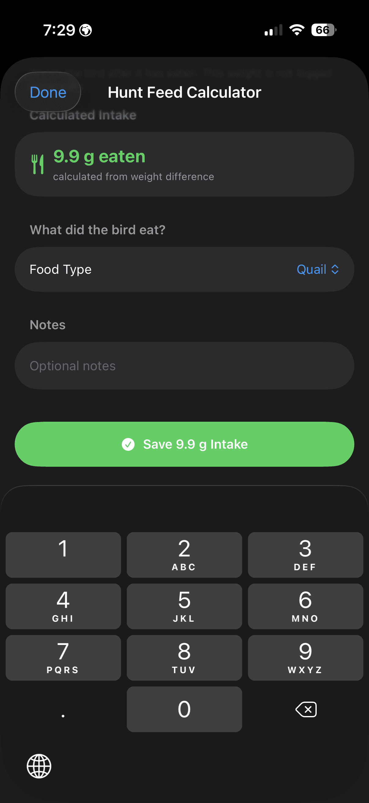 FalconryLab calculator results with adjusted feeding plan