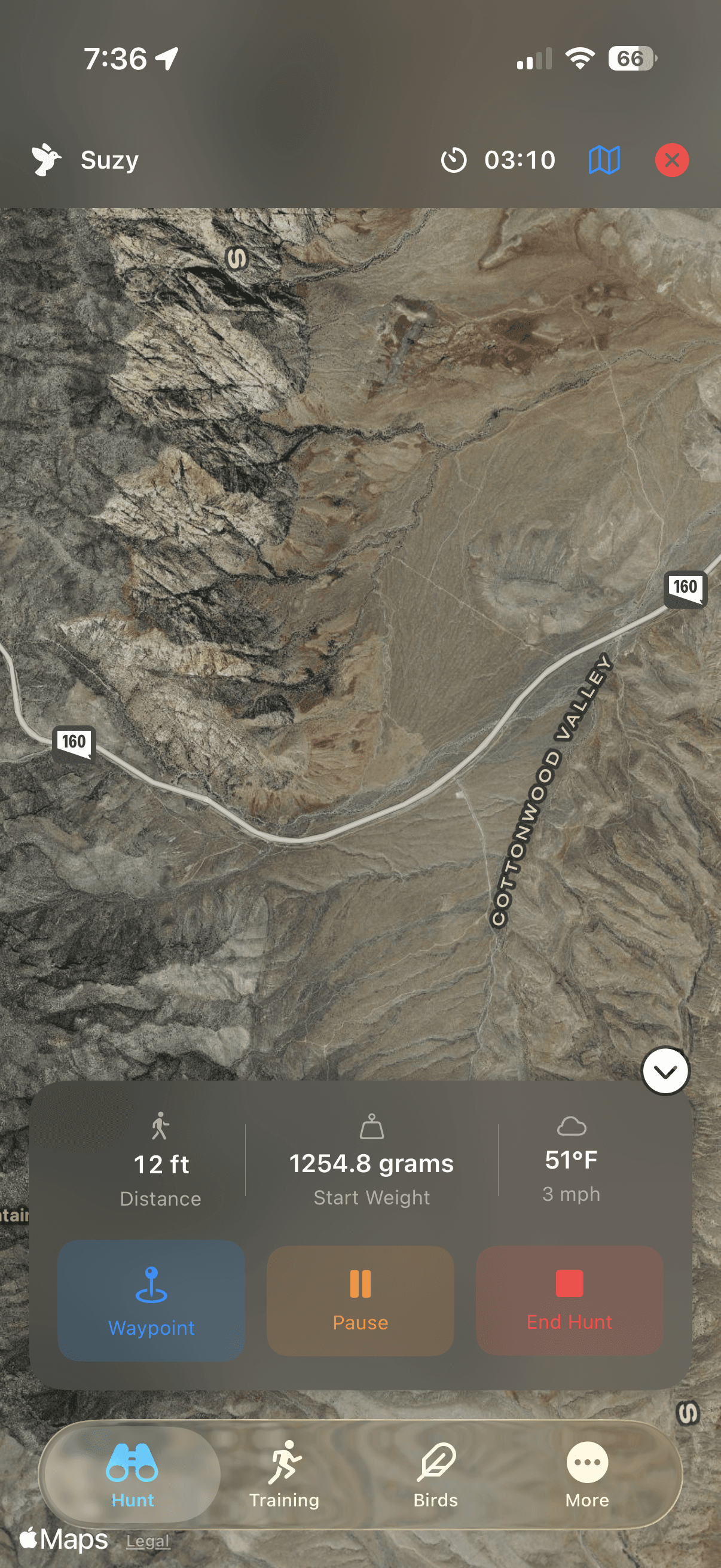 Cacería activa de FalconryLab con rastreo GPS en vivo en el mapa