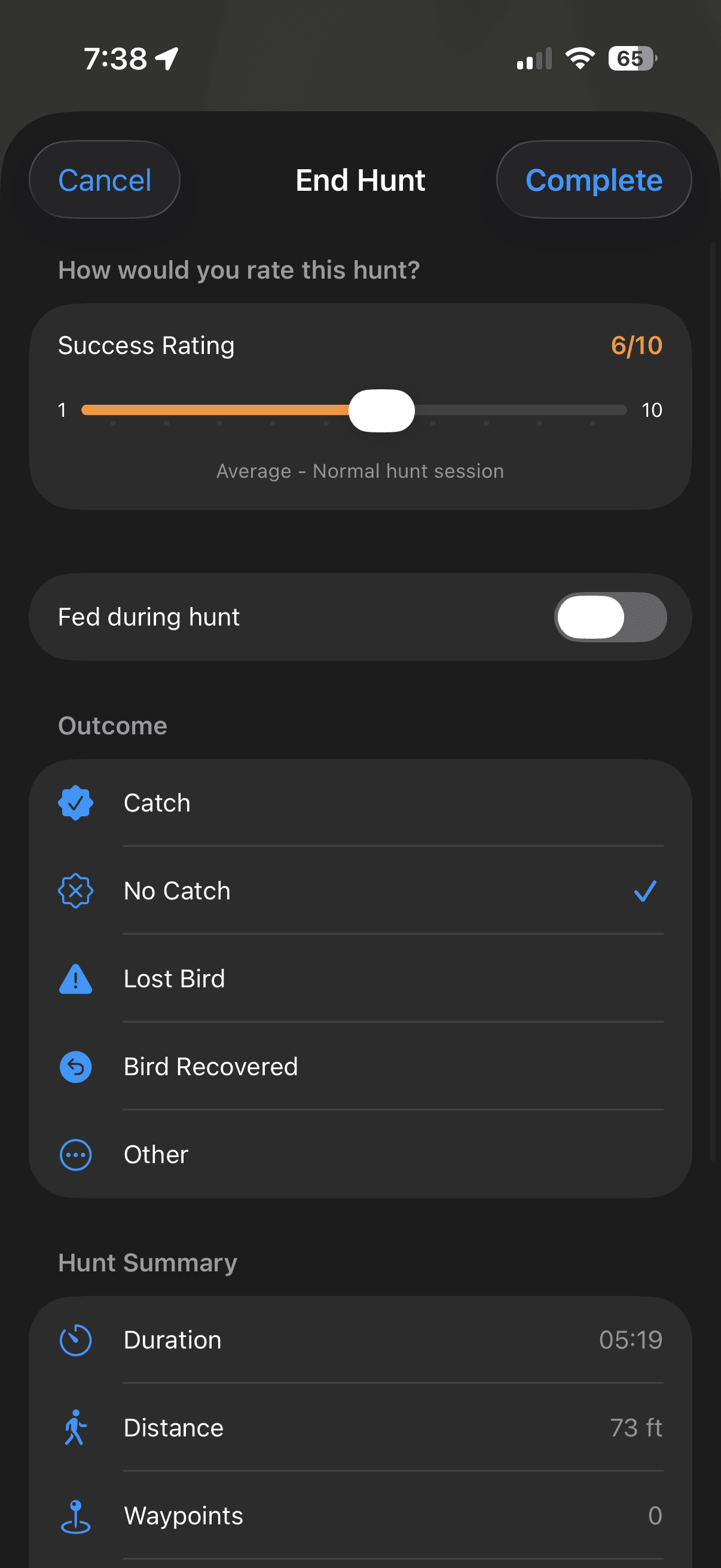 Pantalla de fin de cacería de FalconryLab con resumen y estadísticas