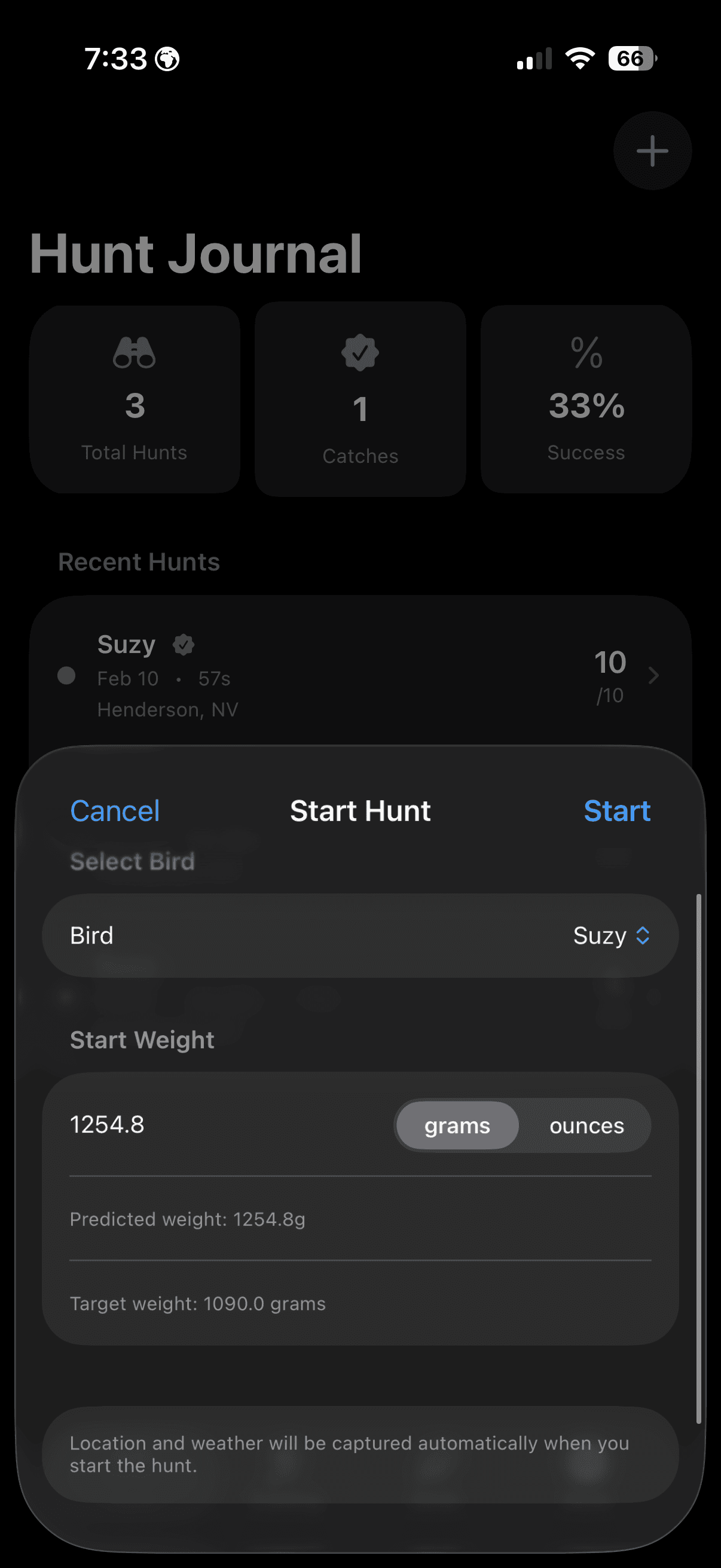 FalconryLab hunt journal list with recent hunts