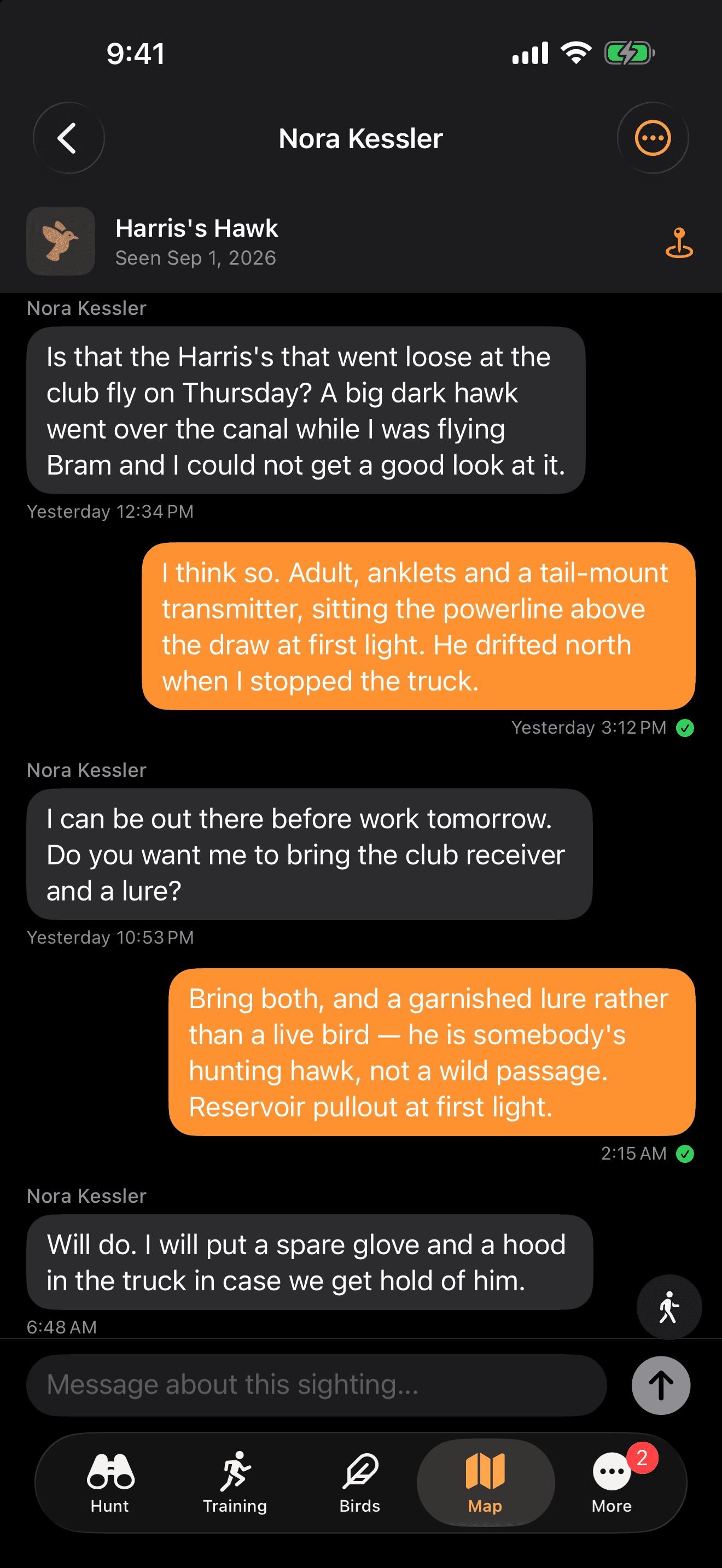 FalconryLab message thread between two falconers about a single sighting