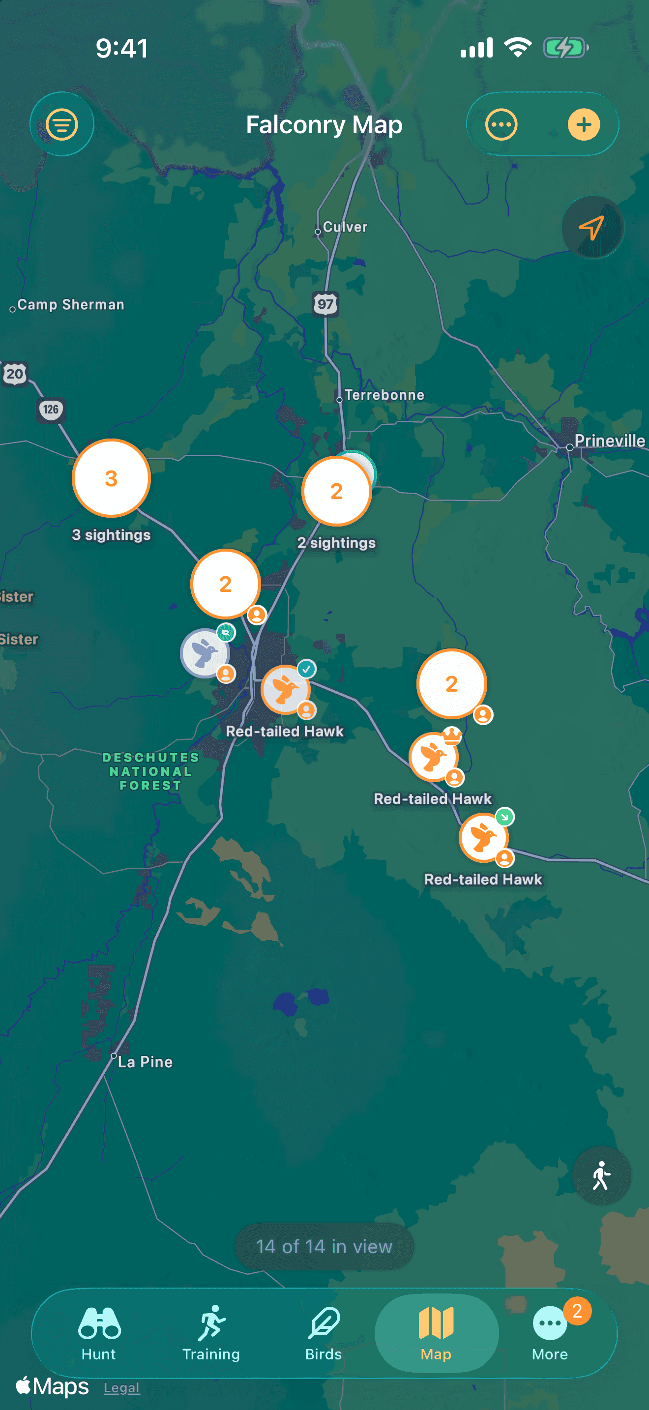 FalconryLab Falconry Map with raptor sightings clustered across central Oregon