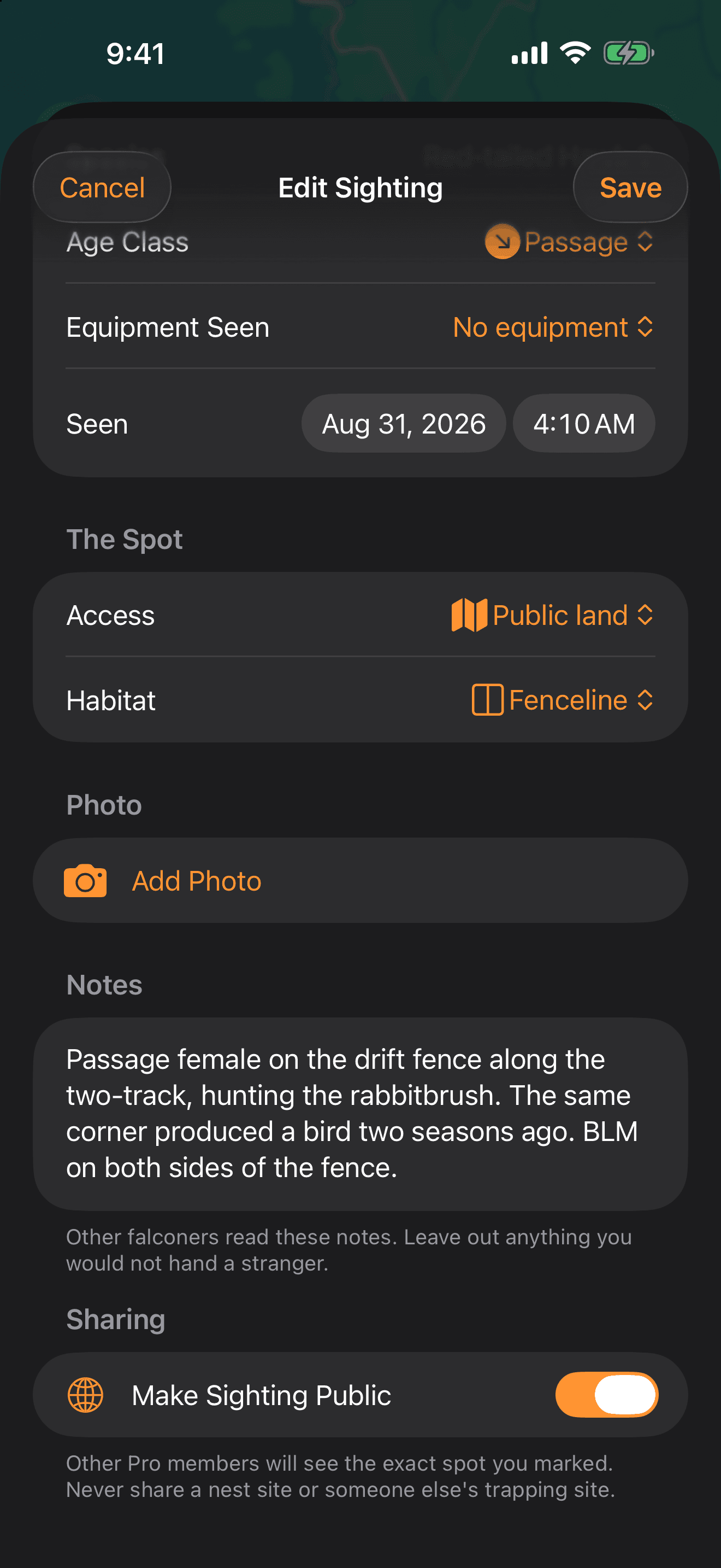 FalconryLab sighting editor showing the Make Sighting Public toggle and its sharing note