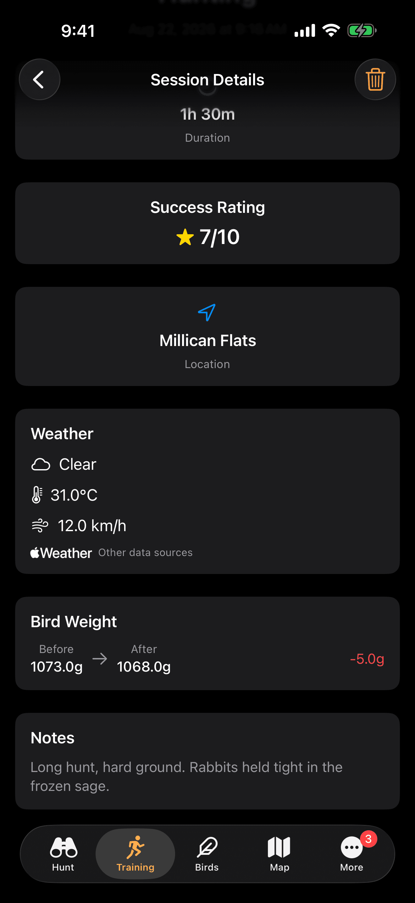 FalconryLab training session details with weather and notes