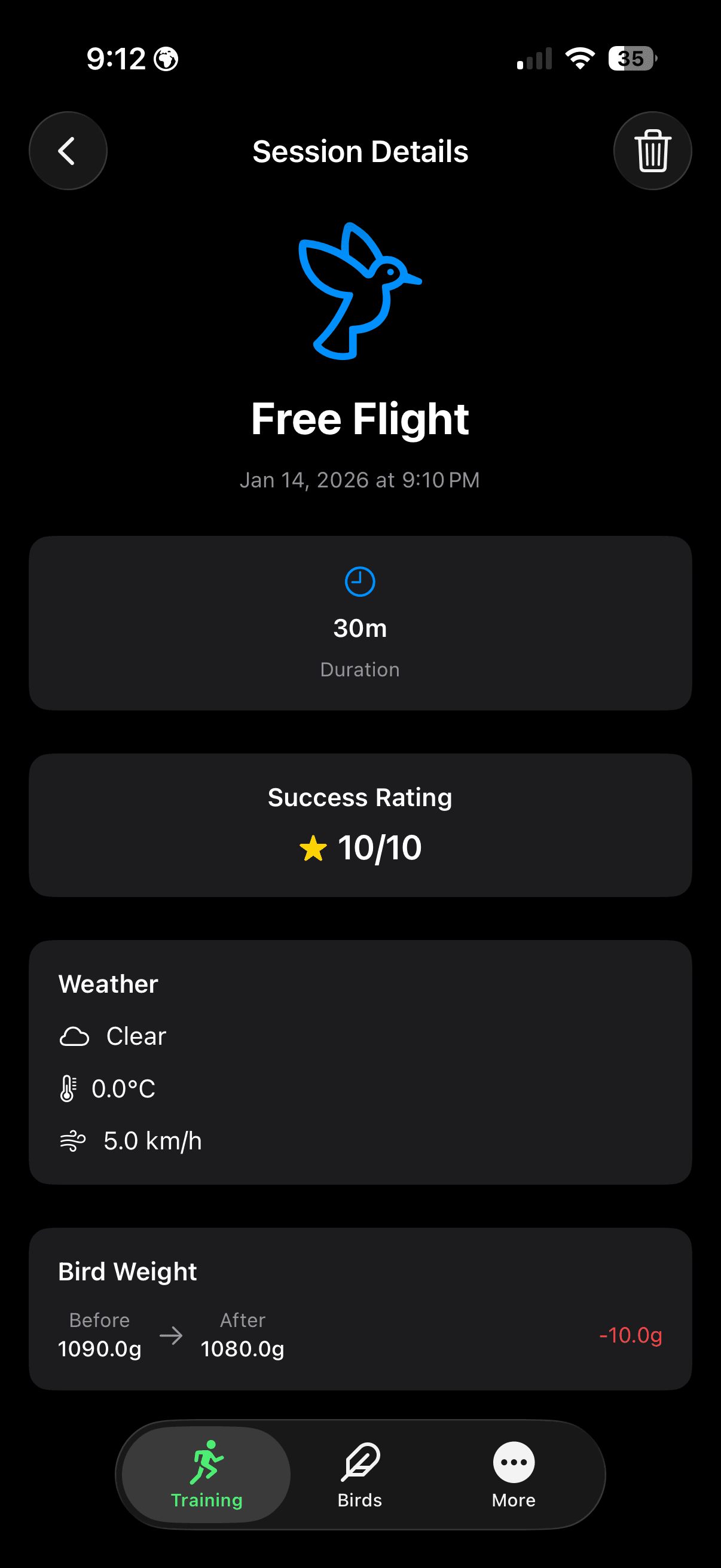 FalconryLab training session details with weather and notes
