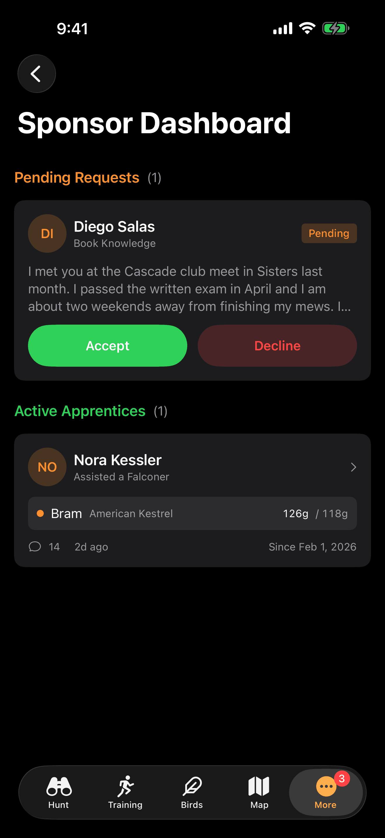 FalconryLab sponsor dashboard with a pending apprentice request and an active apprentice's bird weight