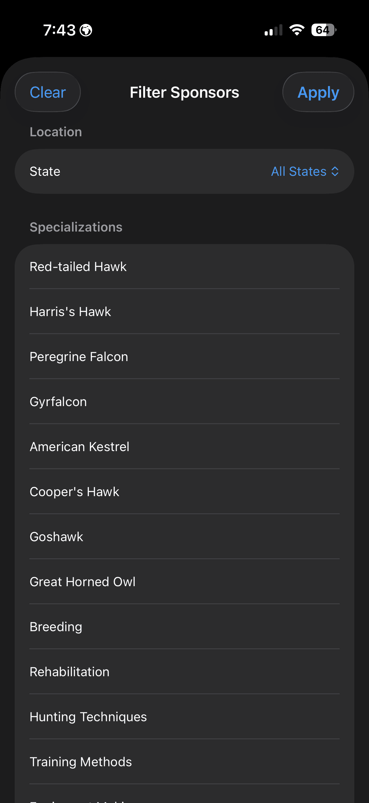 FalconryLab sponsor search with filters for species and location