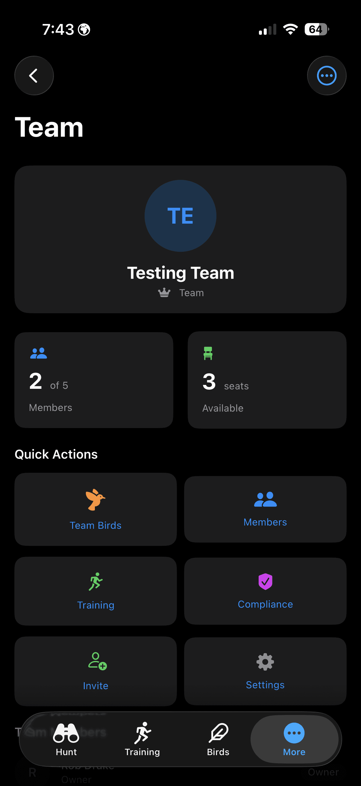 Panel de equipo de FalconryLab con miembros y aves compartidas