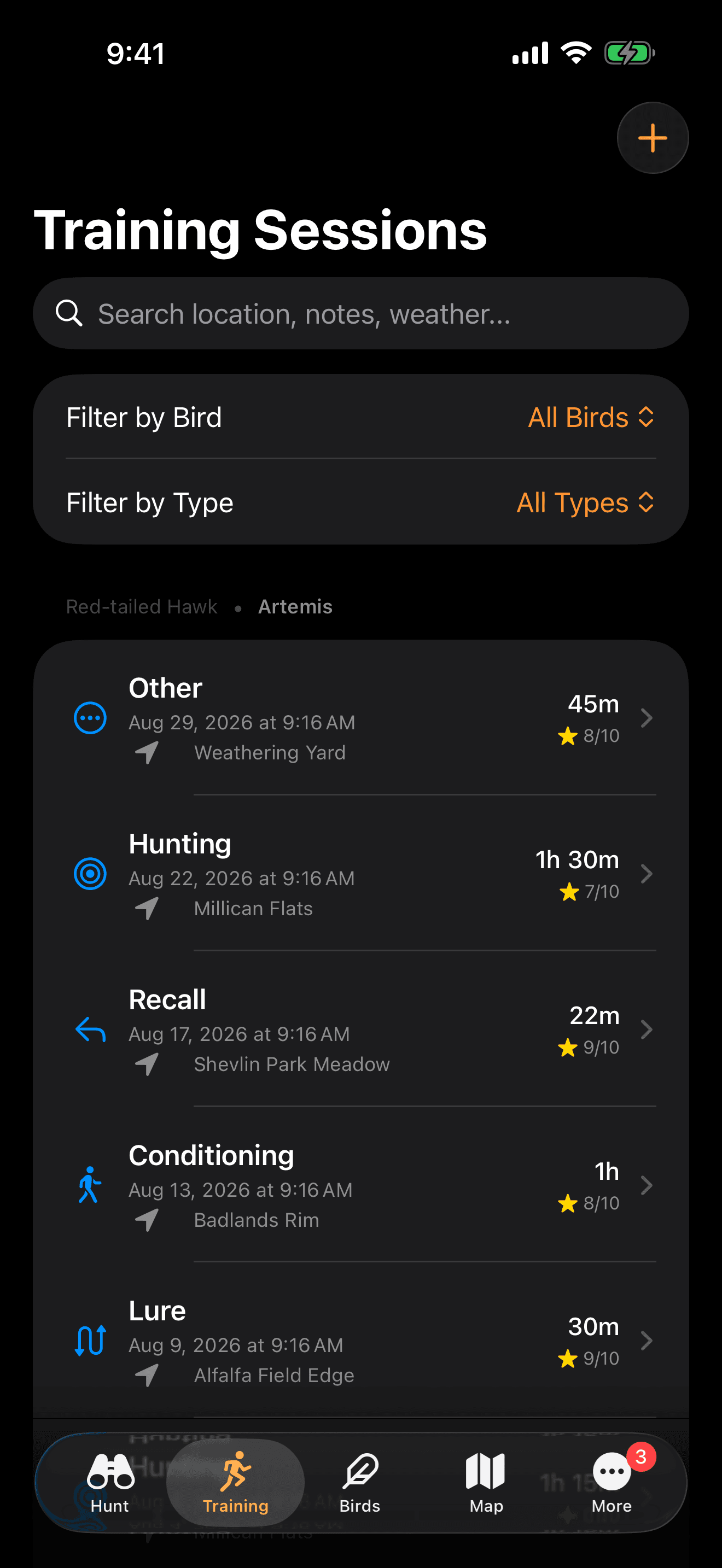 FalconryLab training session list with session types
