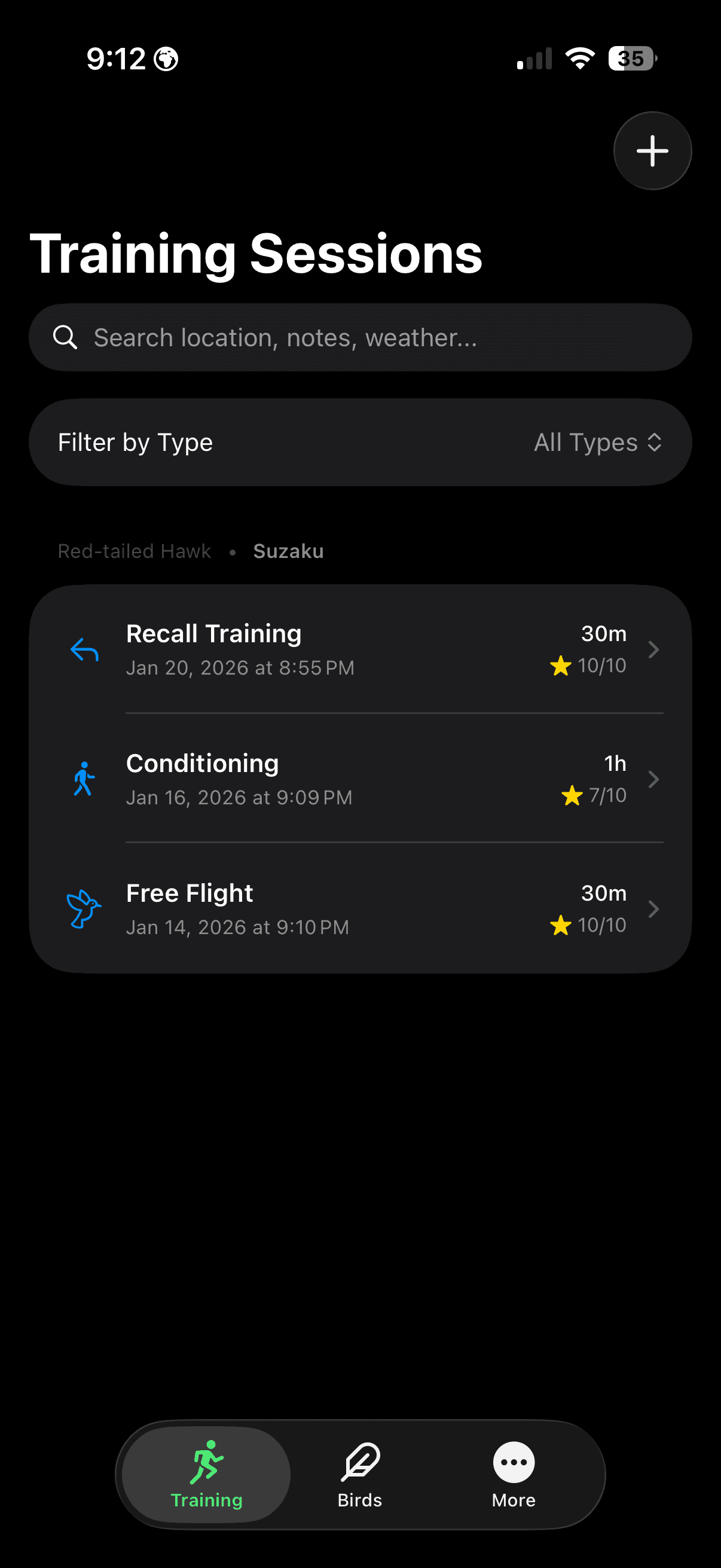 FalconryLab training session list with session types