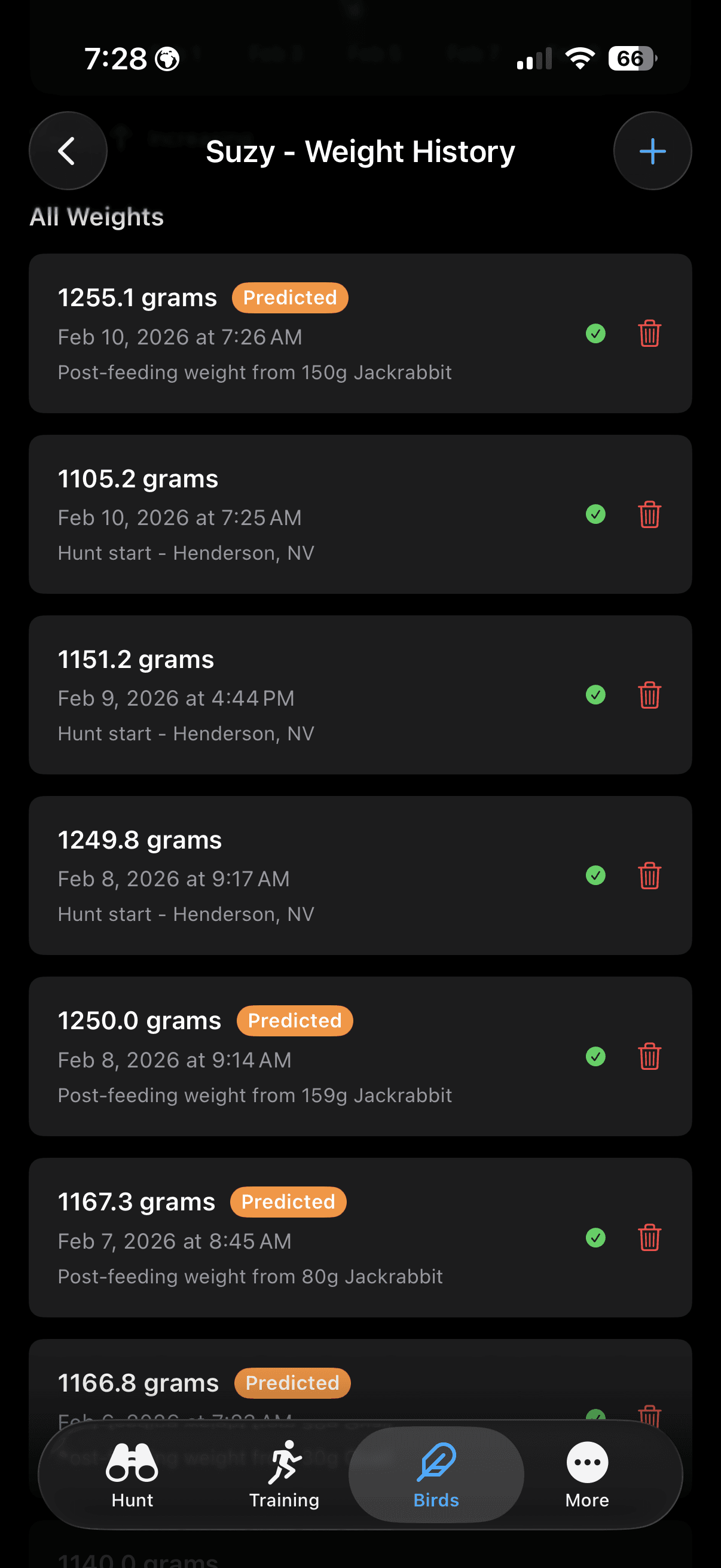 FalconryLab weight history list with daily entries and trends