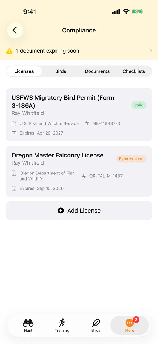 The FalconryLab team compliance screen.